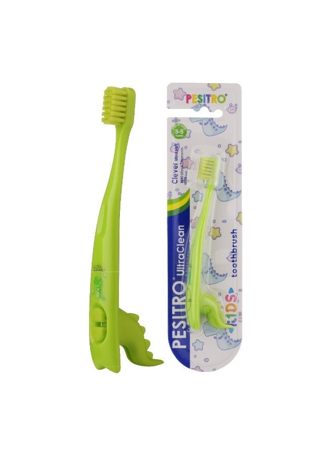 PESITRO UltraClean Clever UltraSoft Kids Toothbrush – 7,680 Ultra-Soft Bristles with Integrated Stand, Dinosaur Design for Ages 3–5 - Image 1